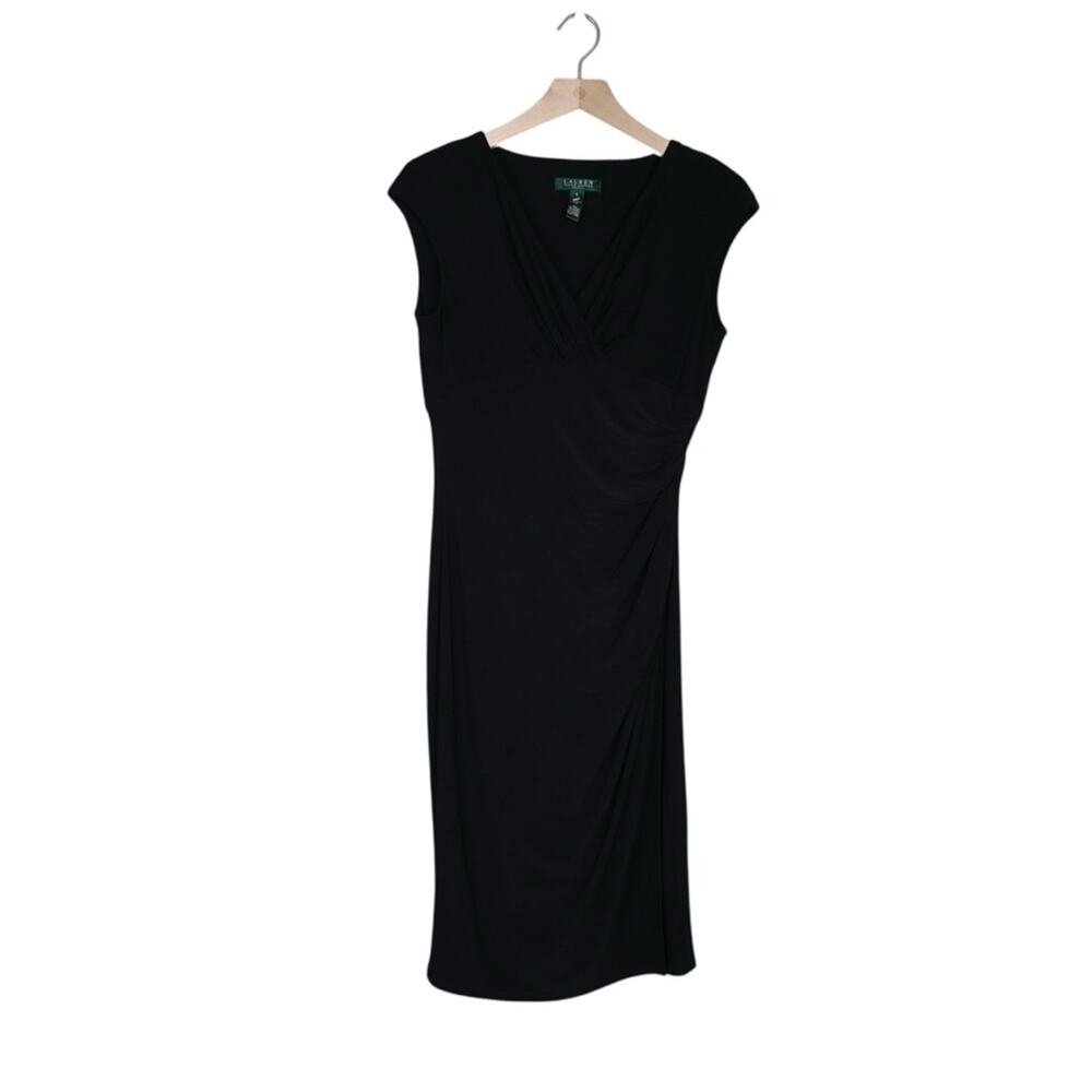 Lauren Ralph Lauren Women's 6 Black Sleeveless Draped V Neck Sheath Dress